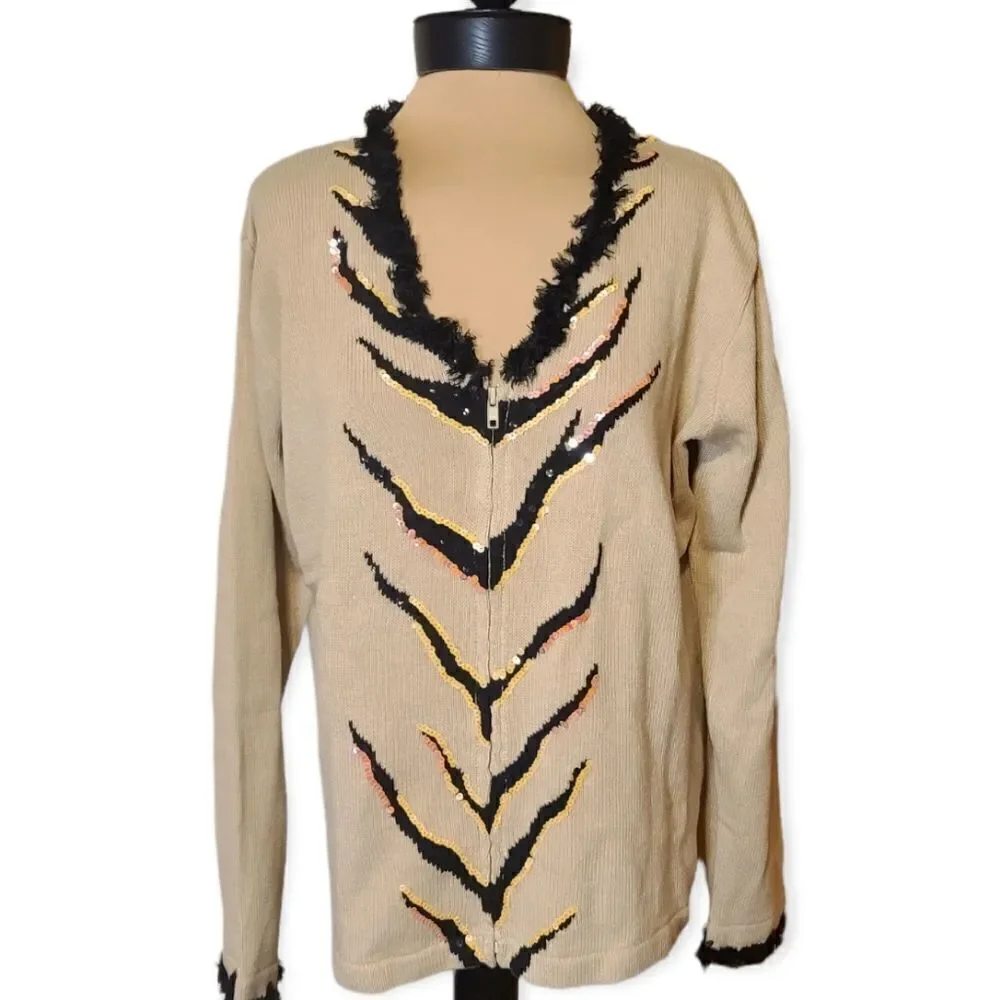 Storybook Knits Tiger Embroidered Zipper Front Cardigan Large